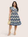 (16pcs Minimum Wholesale)Boho Print Ruffles Shirred Pocket Elastic Waist Dress