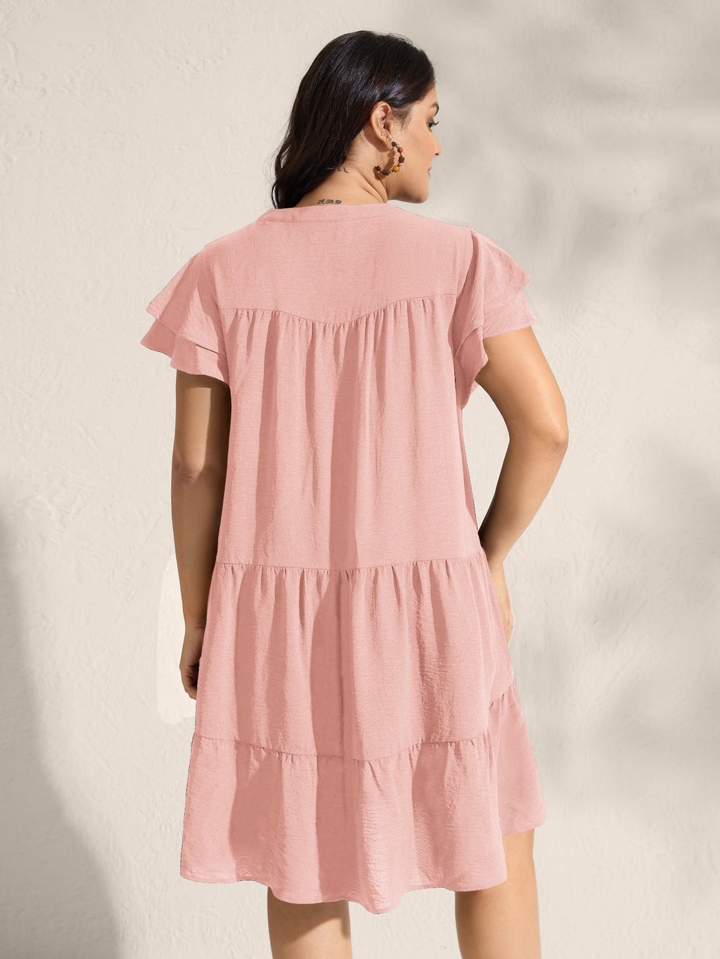 (16pcs Minimum Wholesale)Embroidered Neckline A-Line Ruffled Knee-Length Dress