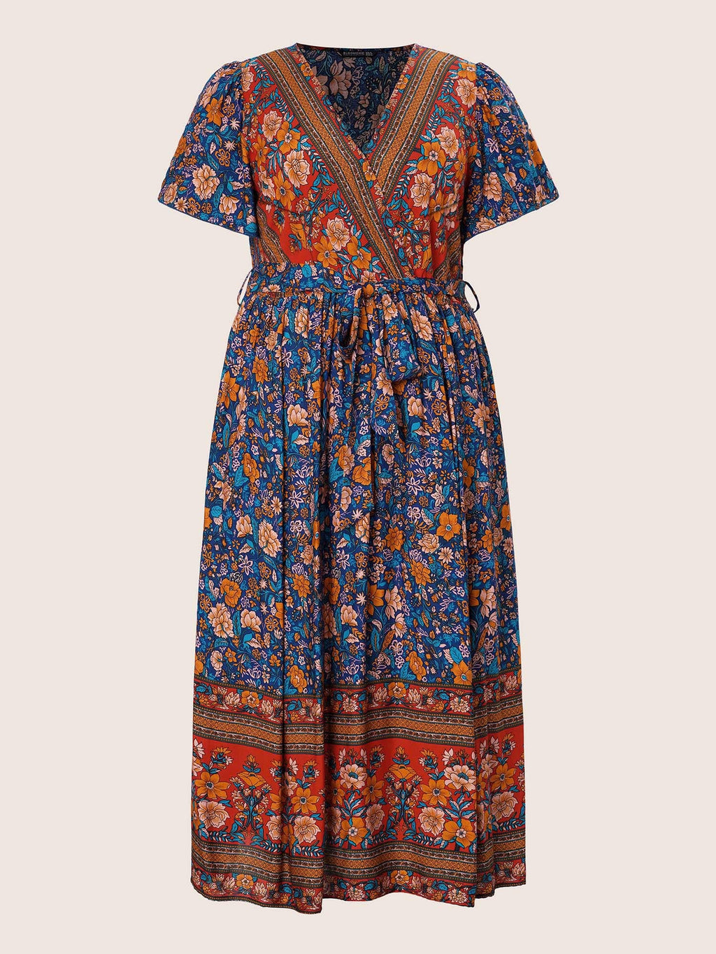 (18pcs Minimum Wholesale)Bandana Surplice Neck Pocket Belted Flutter Hem Maxi Dress