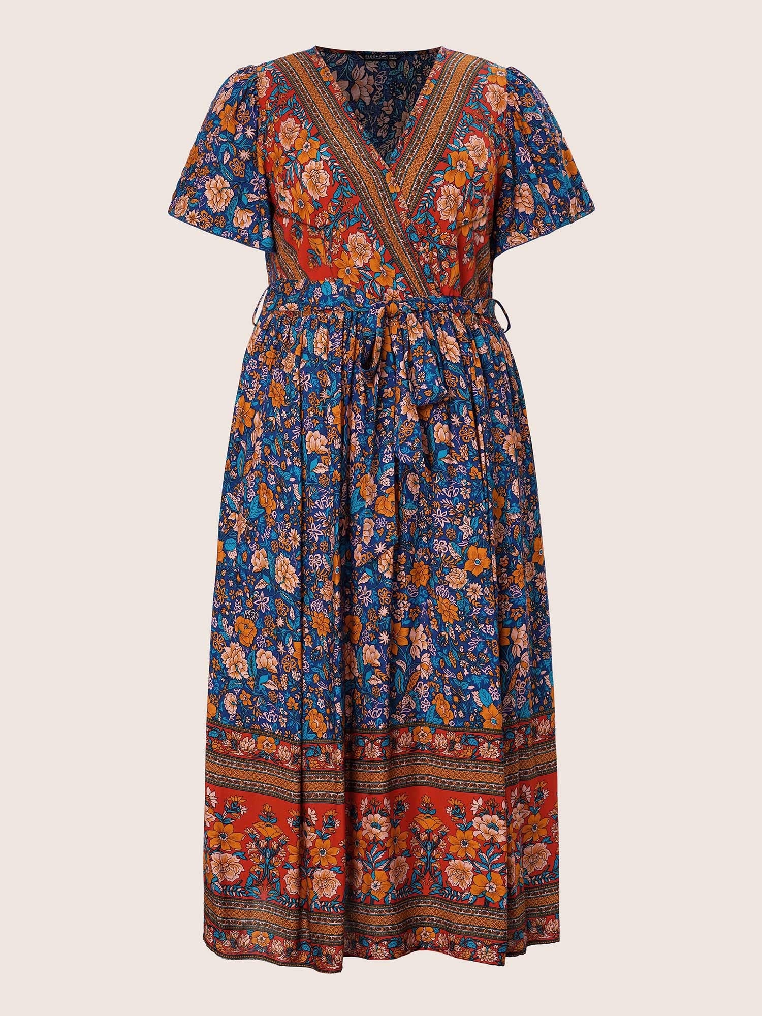 (18pcs Minimum Wholesale)Bandana Surplice Neck Pocket Belted Flutter Hem Maxi Dress