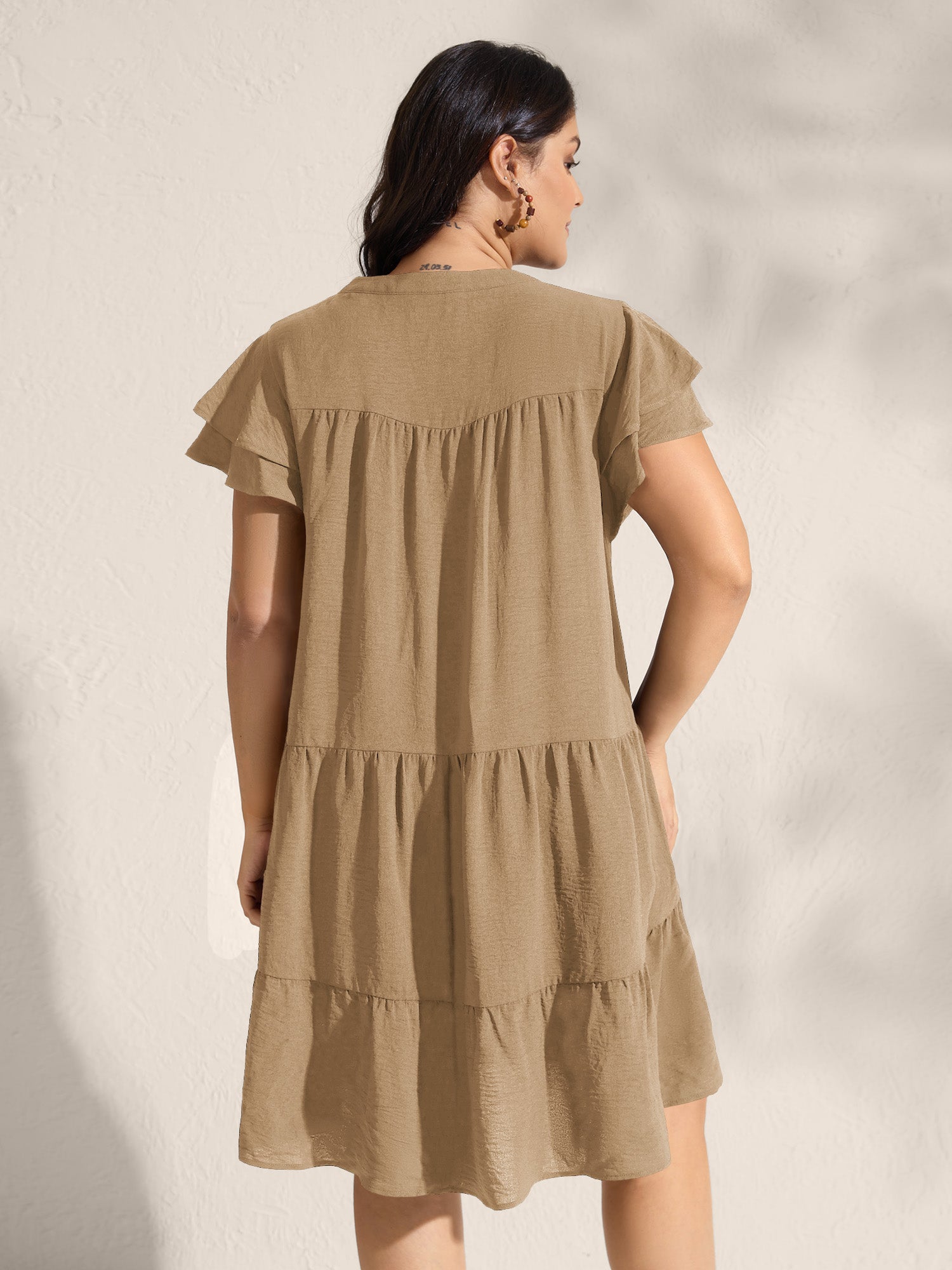 (16pcs Minimum Wholesale)Embroidered Neckline A-Line Ruffled Knee-Length Dress
