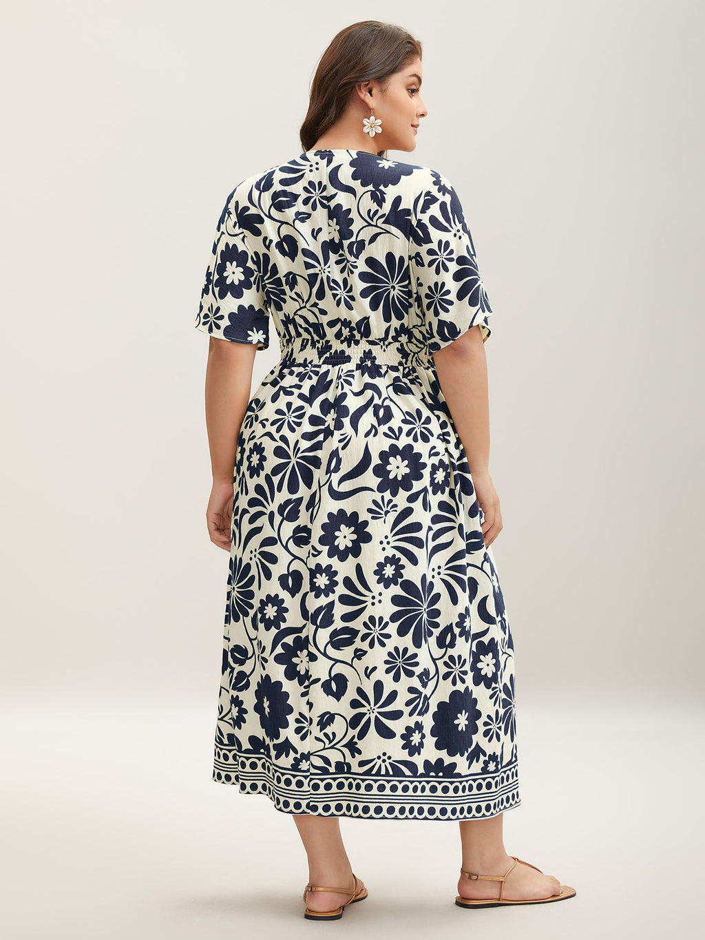 (16pcs Minimum Wholesale)Large Floral Print Pockets Midi Dress