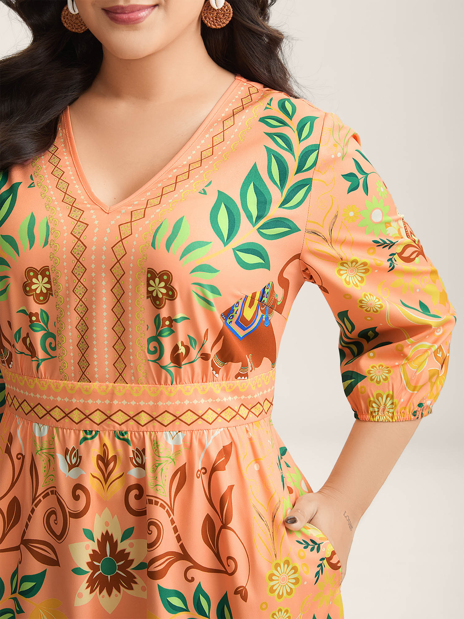 (30pcs Minimum Wholesale)Boho Print V-Neck Pockets Mini Dress