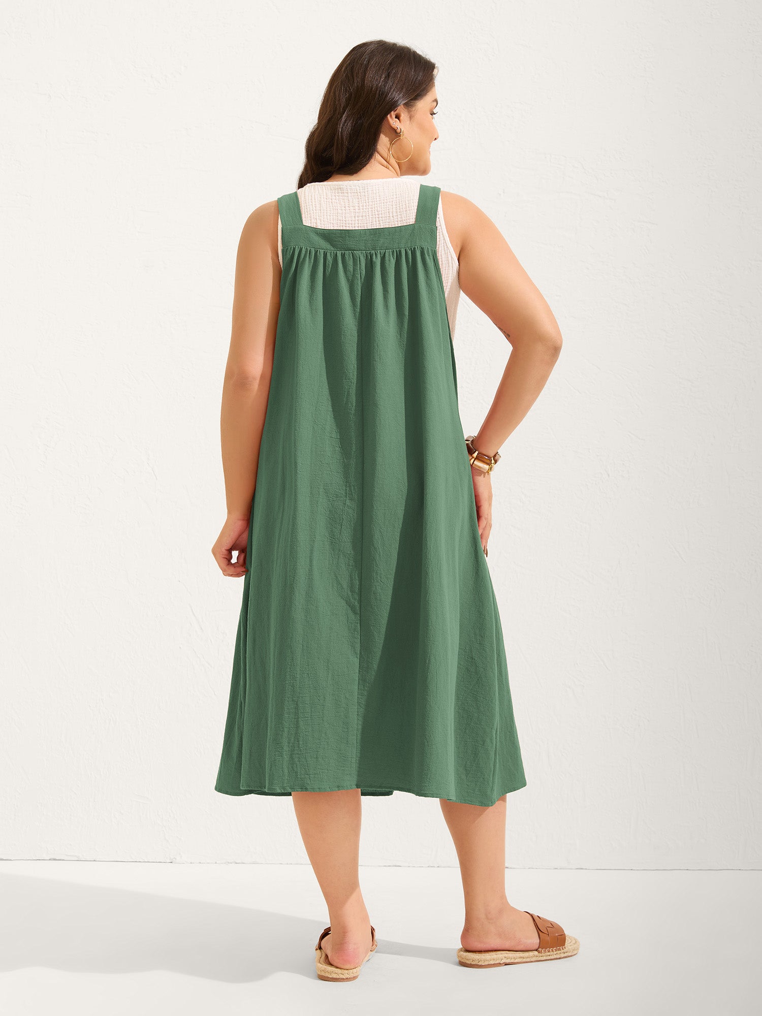 (20pcs Minimum Wholesale)Pure Cotton Pleated Pockets Midi Dress