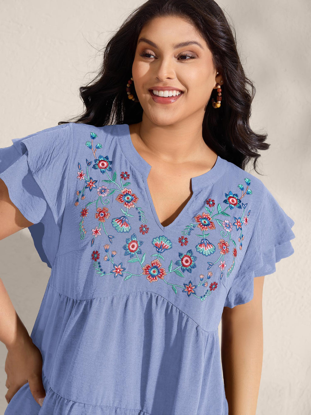 (16pcs Minimum Wholesale)Embroidered Neckline A-Line Ruffled Knee-Length Dress