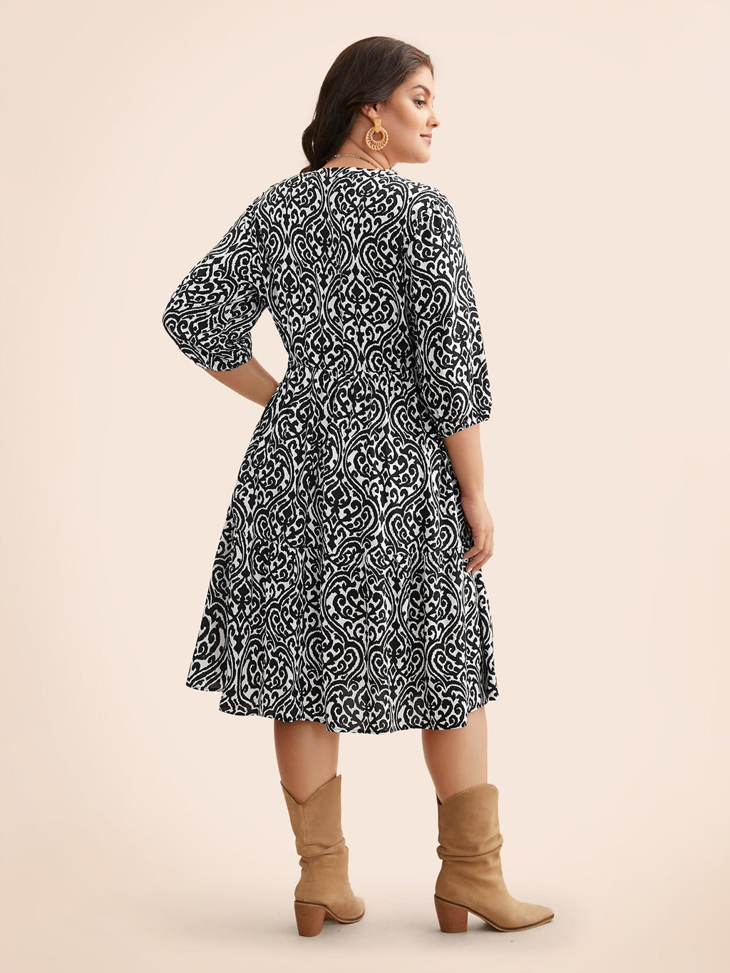 (22pcs Minimum Wholesale)Damask Print Tie Knot Puff Sleeve Dress