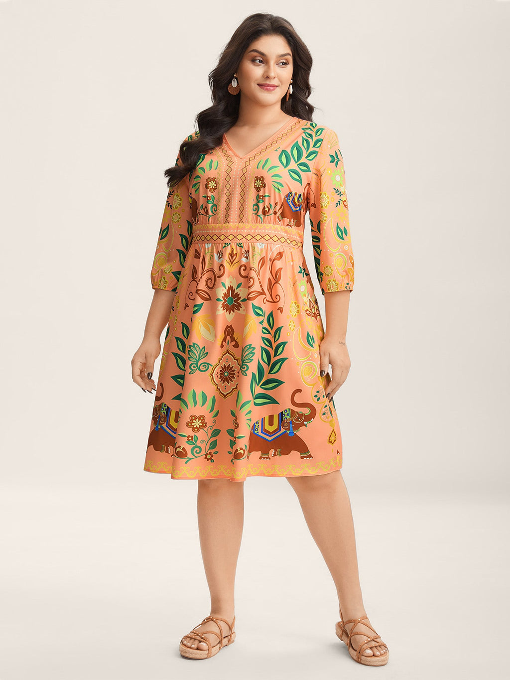 (30pcs Minimum Wholesale)Boho Print V-Neck Pockets Mini Dress