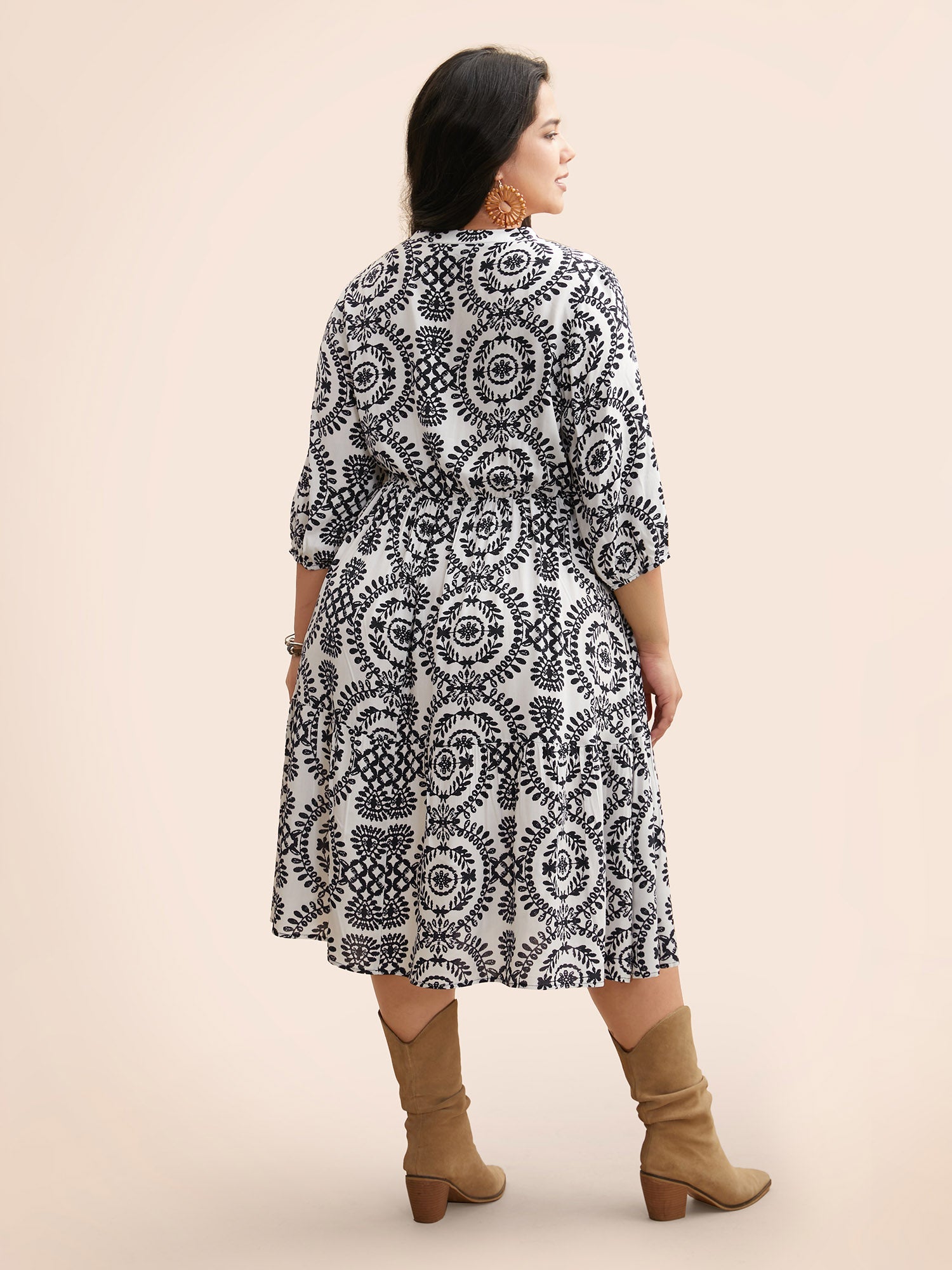 (22pcs Minimum Wholesale)Damask Print Tie Knot Puff Sleeve Dress
