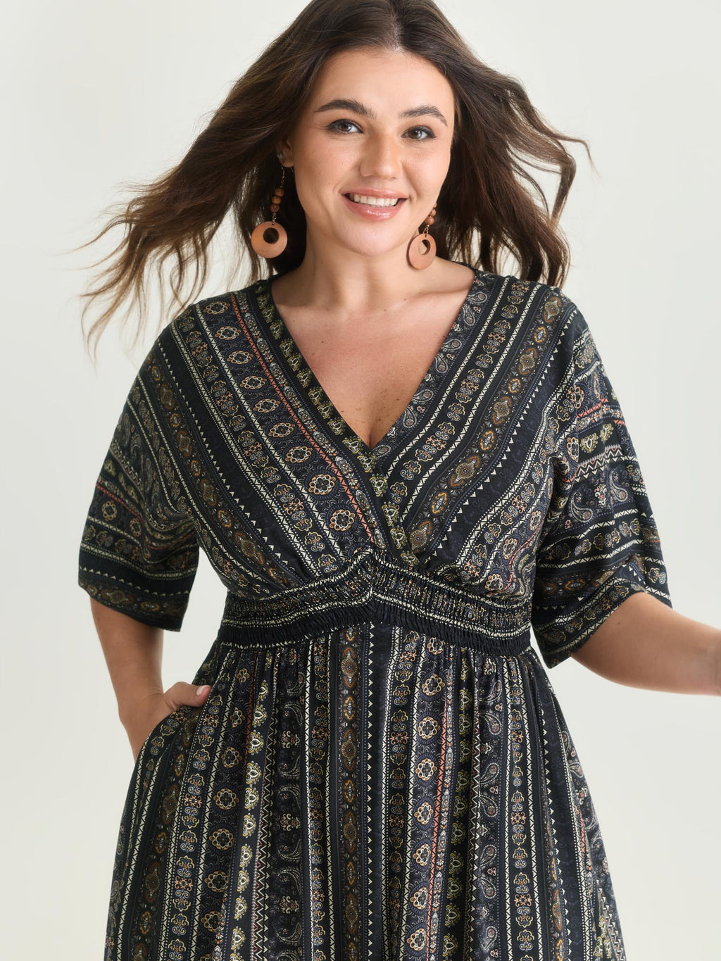 (25pcs Minimum Wholesale)Striped Contrast Dolman Sleeve Shirred Pocket Split Flutter Dress