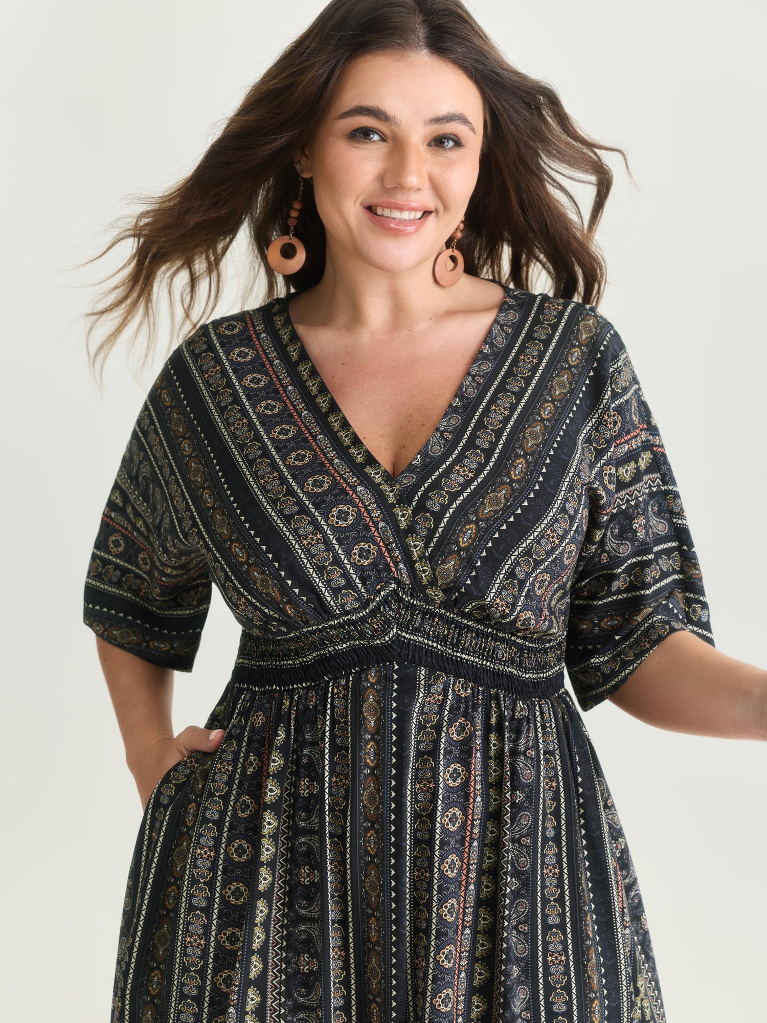 (25pcs Minimum Wholesale)Striped Contrast Dolman Sleeve Shirred Pocket Split Flutter Dress