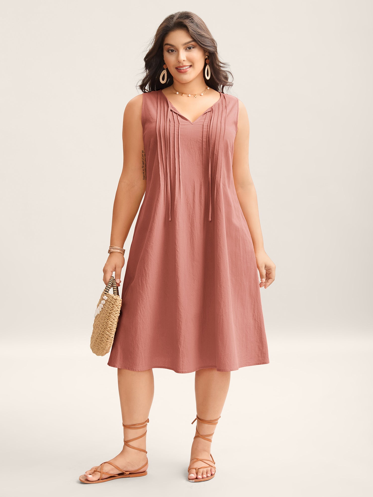 (18pcs Minimum Wholesale)Cotton Toothpick Pleat Plain Midi Dress