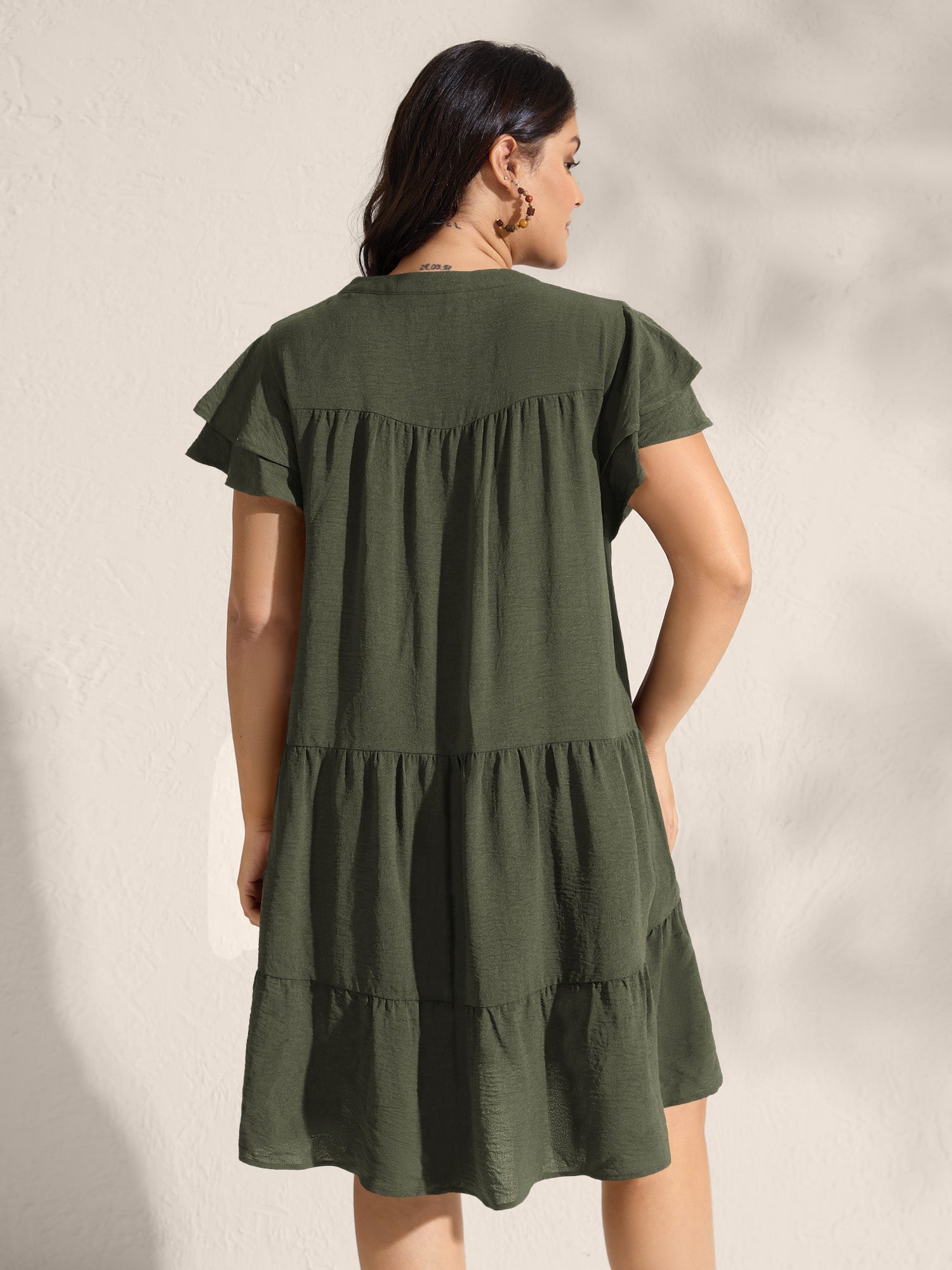 (16pcs Minimum Wholesale)Embroidered Neckline A-Line Ruffled Knee-Length Dress