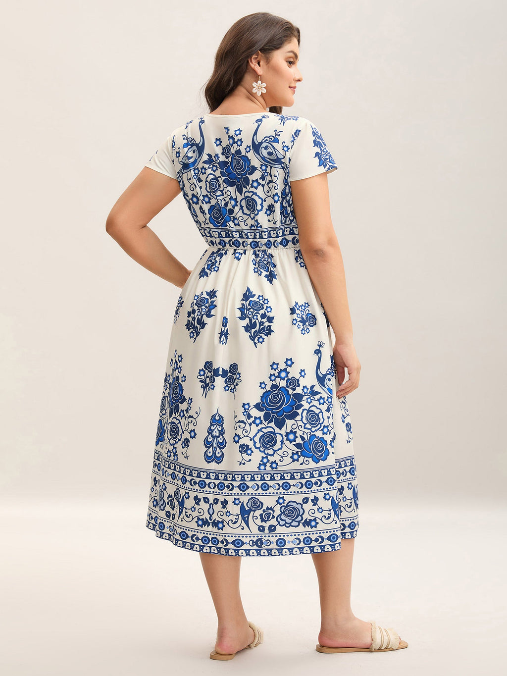 (28pcs Minimum Wholesale)Boho Print V-Neck Pockets Midi Dress