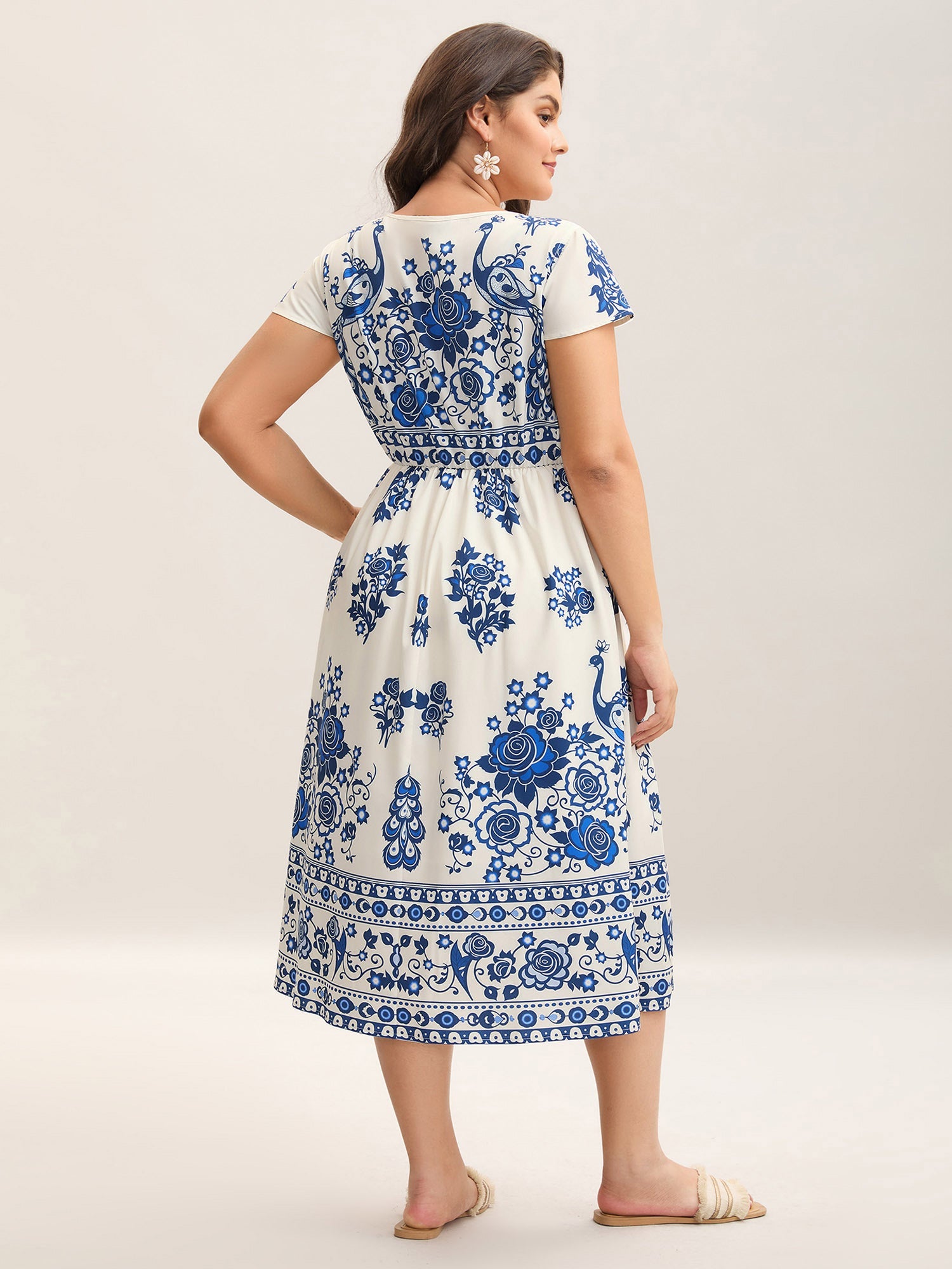 (28pcs Minimum Wholesale)Boho Print V-Neck Pockets Midi Dress