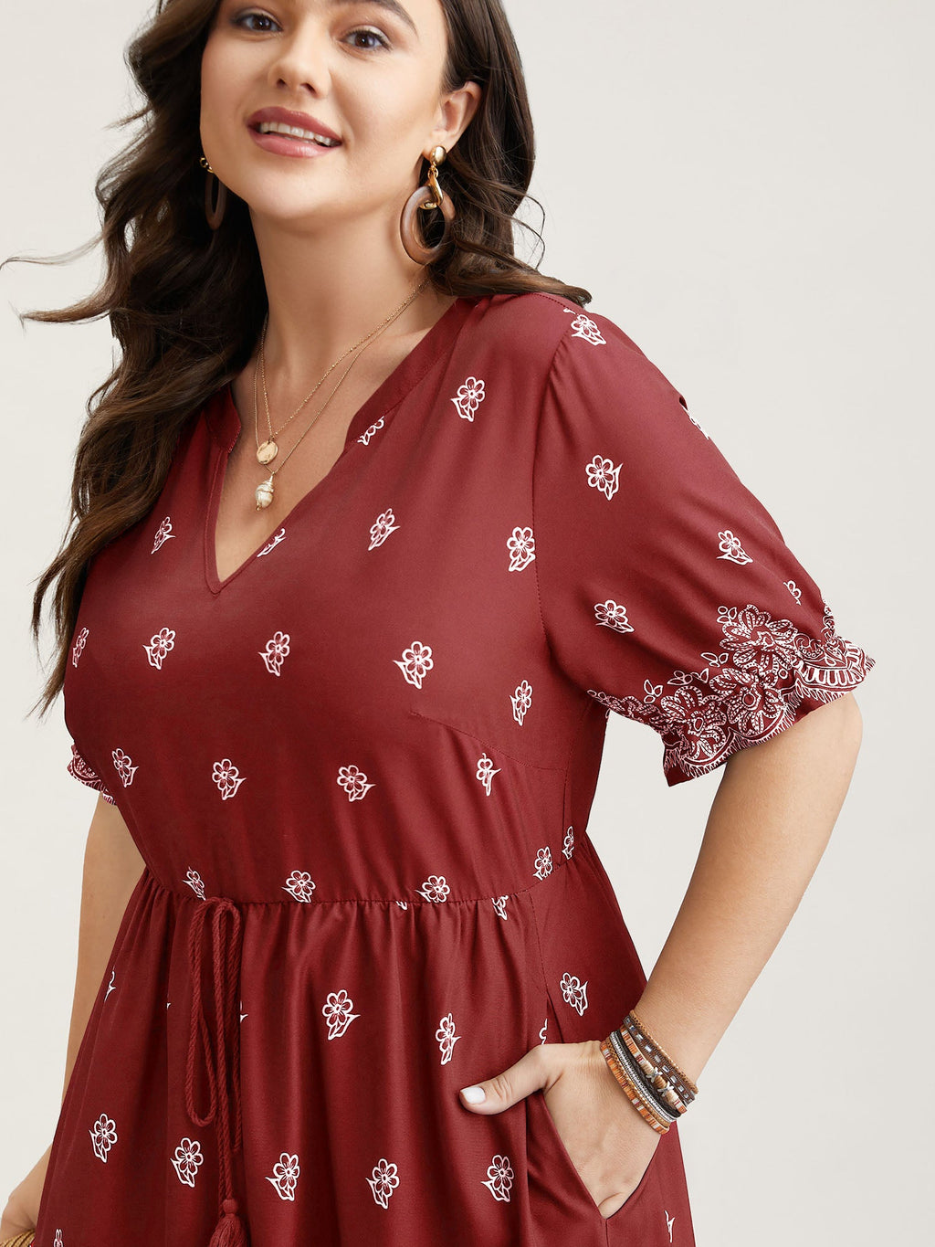 (16pcs Minimum Wholesale)Floral Waist-Tie Notched Collar Midi Dress