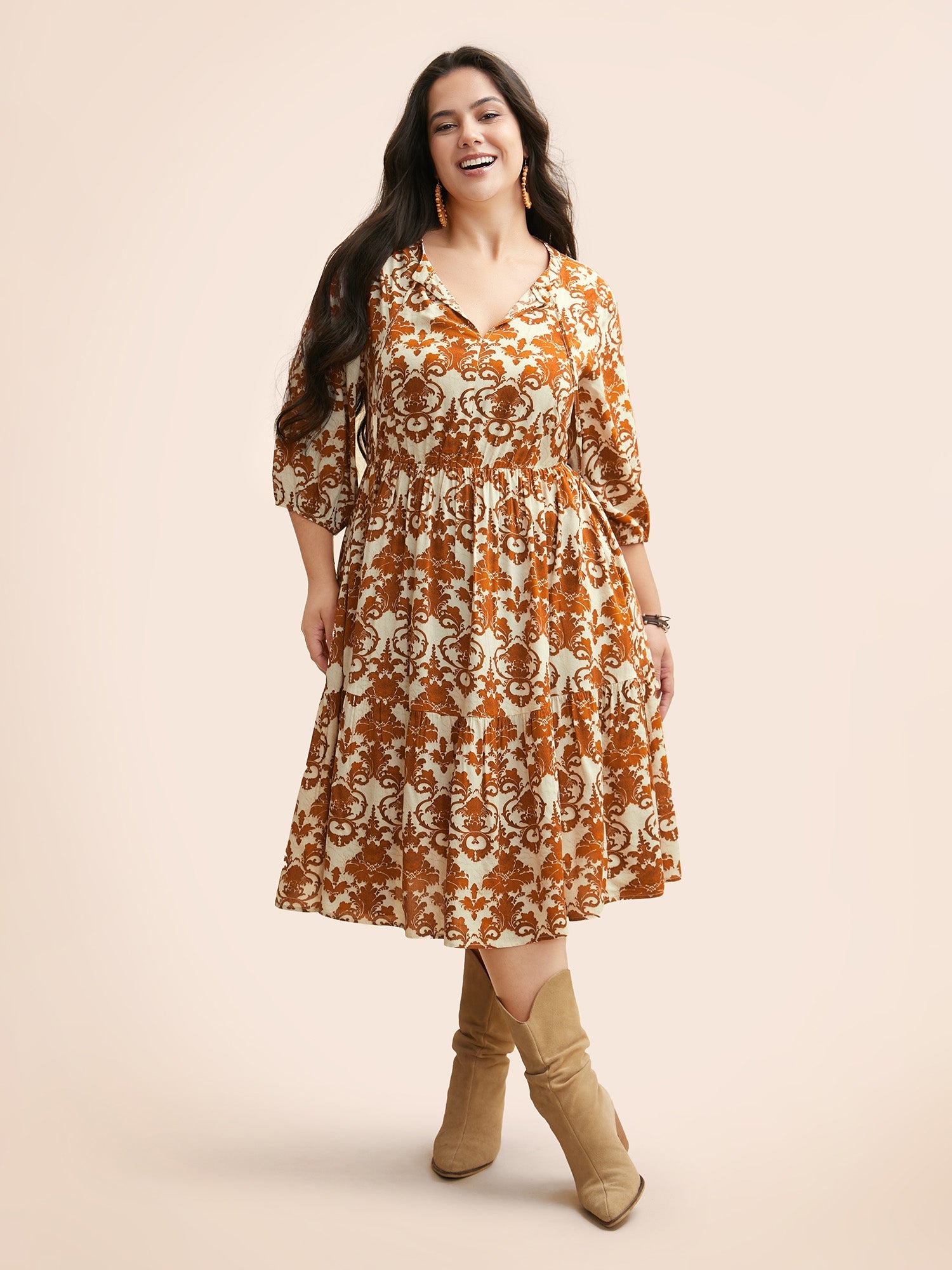 (22pcs Minimum Wholesale)Damask Print Tie Knot Puff Sleeve Dress