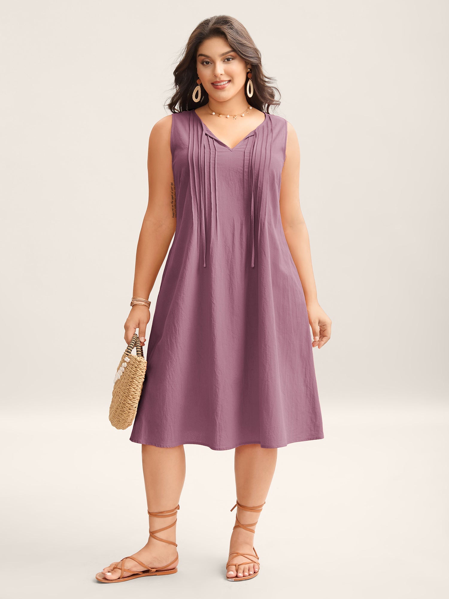 (18pcs Minimum Wholesale)Cotton Toothpick Pleat Plain Midi Dress