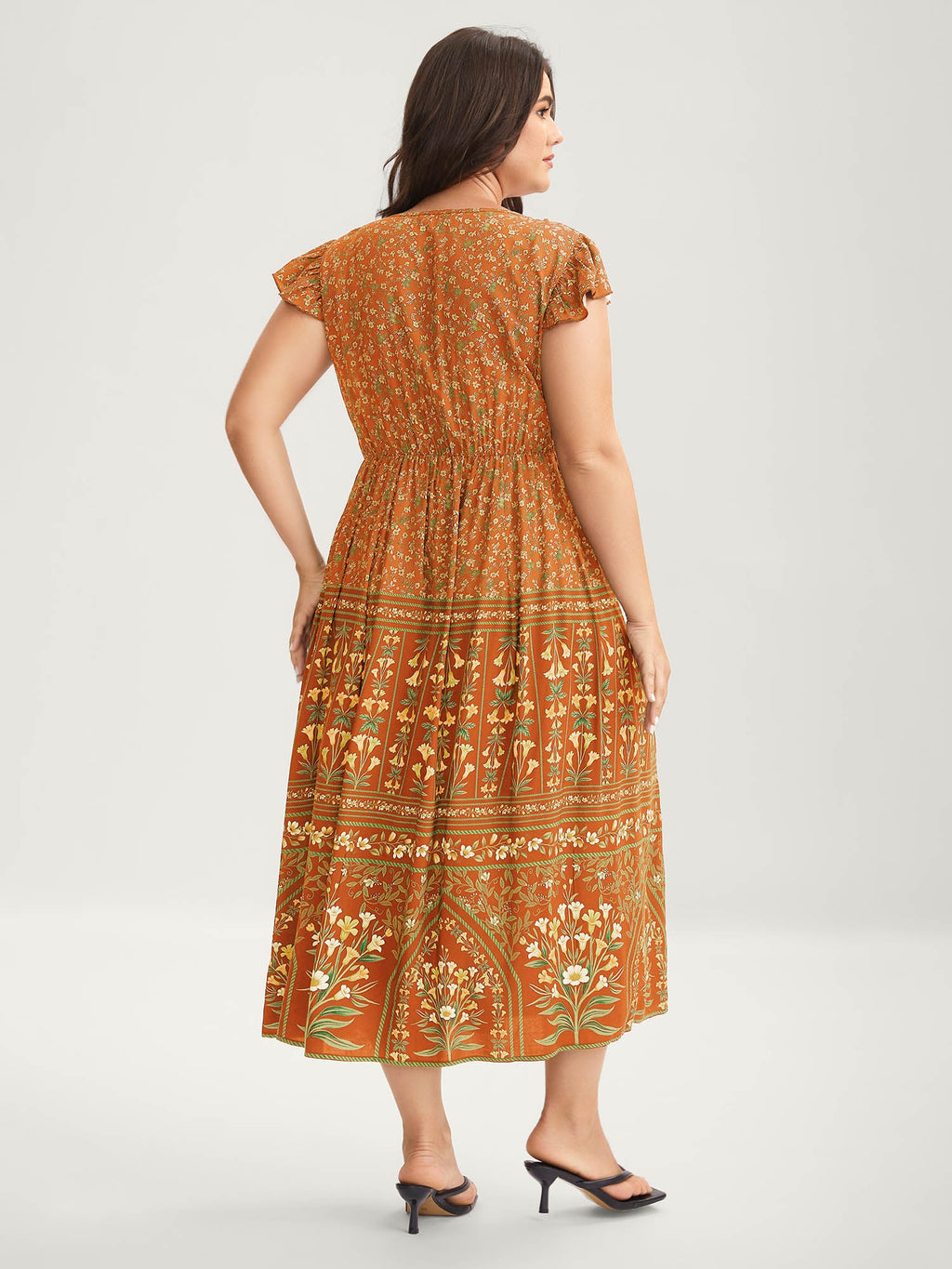 (16pcs Minimum Wholesale)Rayon Garden Fresh Ruffled Sleeve Midi Dress