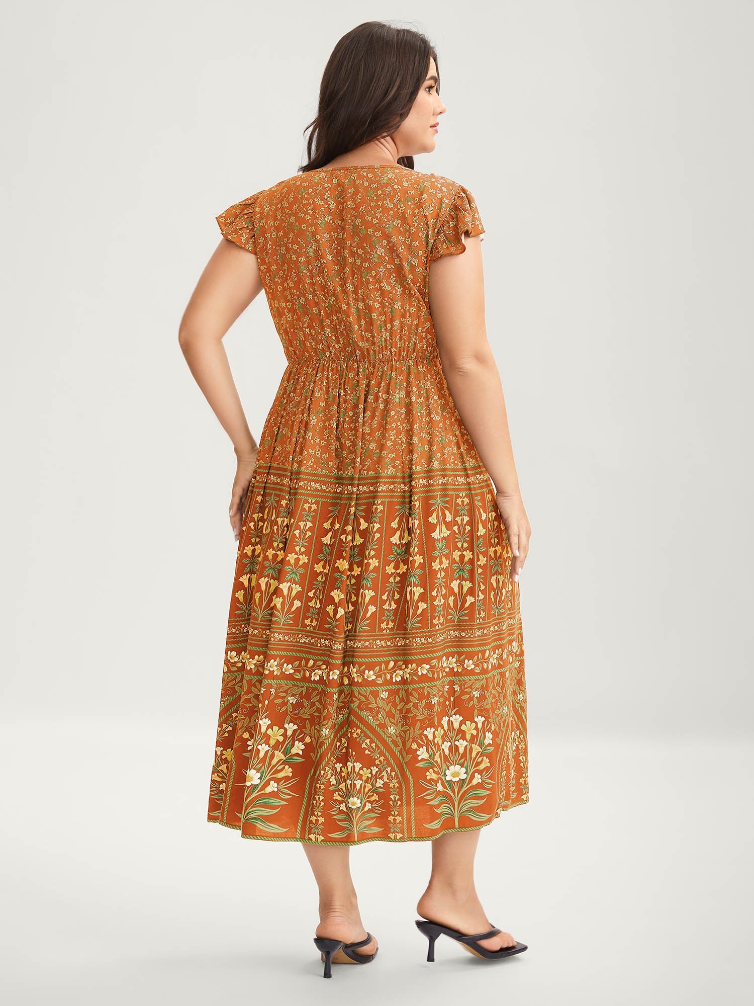 (16pcs Minimum Wholesale)Rayon Garden Fresh Ruffled Sleeve Midi Dress