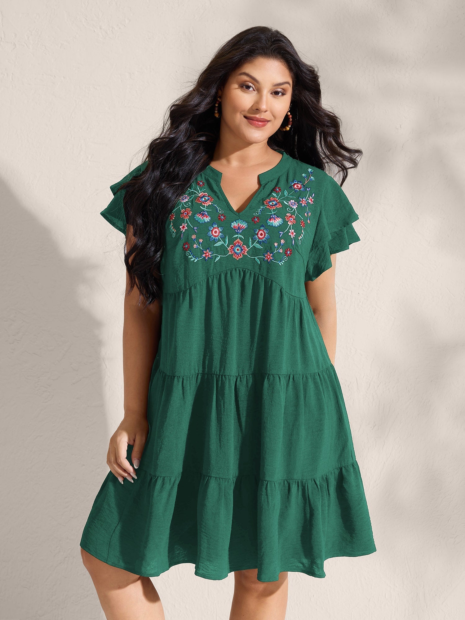 (16pcs Minimum Wholesale)Embroidered Neckline A-Line Ruffled Knee-Length Dress