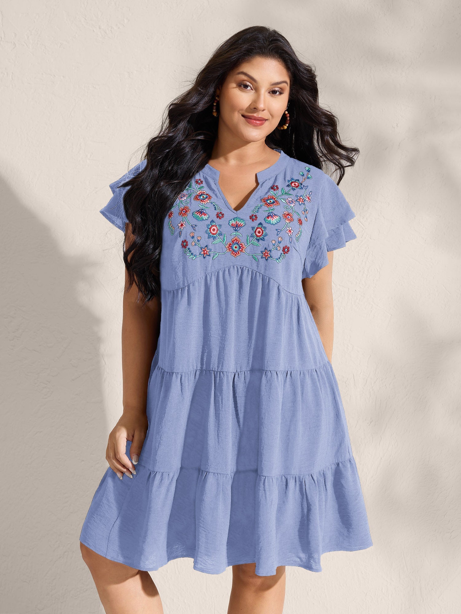 (16pcs Minimum Wholesale)Embroidered Neckline A-Line Ruffled Knee-Length Dress