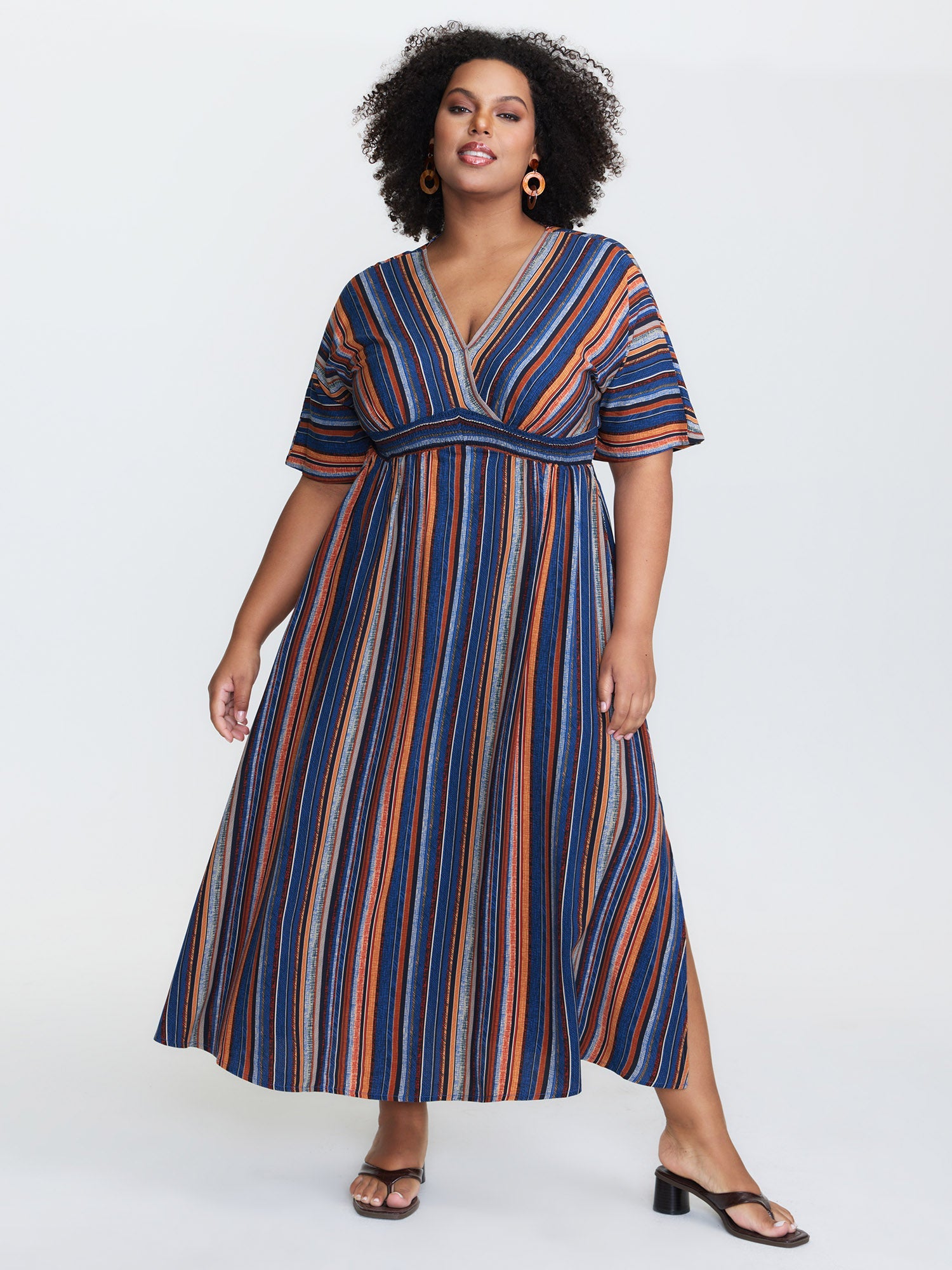 (25pcs Minimum Wholesale)Striped Contrast Dolman Sleeve Shirred Pocket Split Flutter Dress