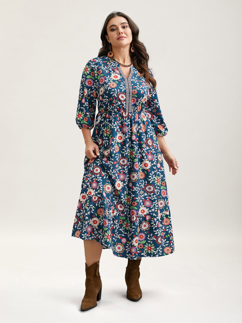 (20pcs Minimum Wholesale)Floral Print Stretchy-Waist Pockets Midi Dress