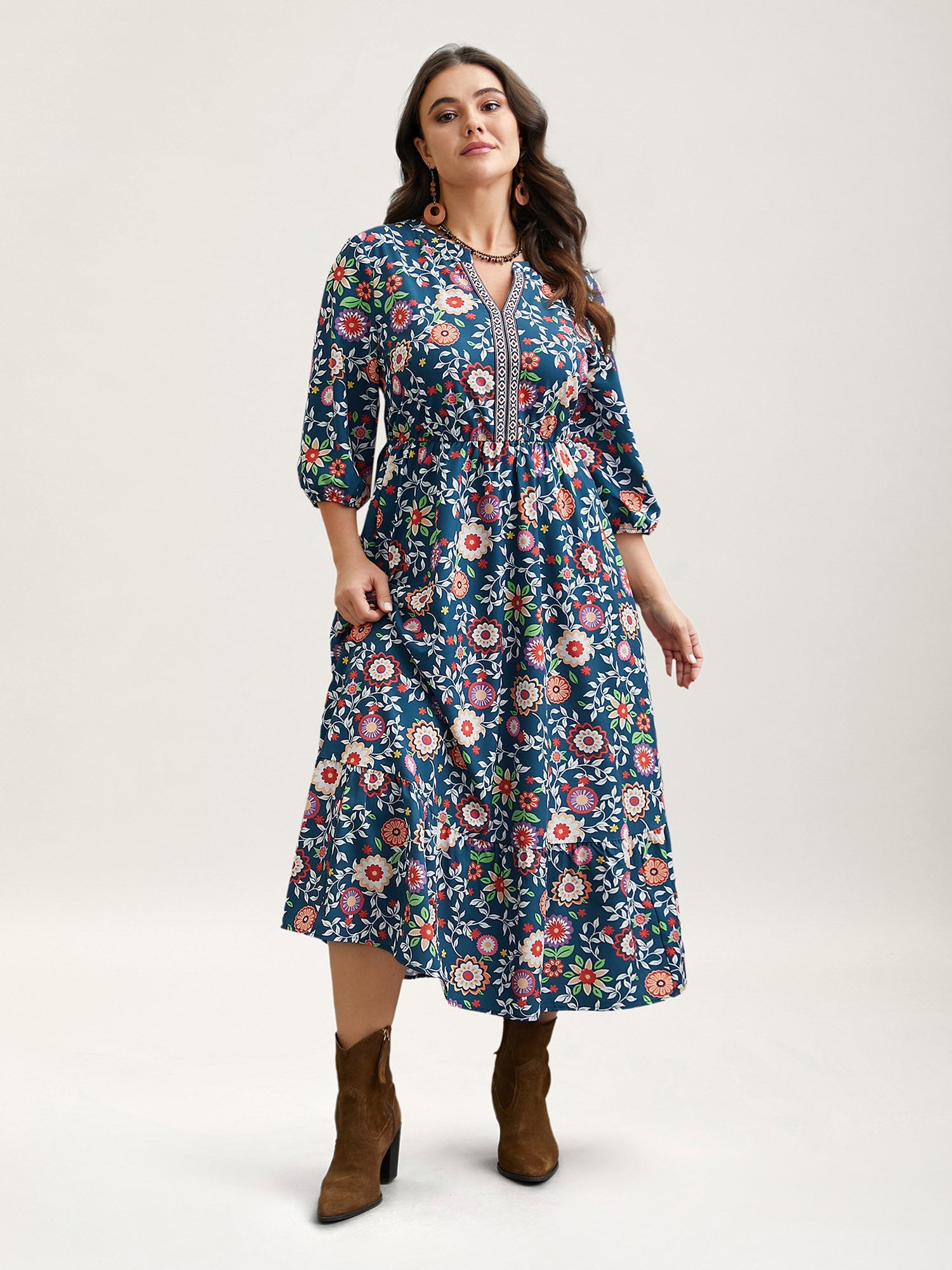 (20pcs Minimum Wholesale)Floral Print Stretchy-Waist Pockets Midi Dress