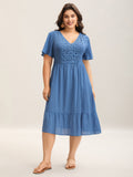 (20pcs Minimum Wholesale)Lace Textured Pockets Tiered Midi Dress