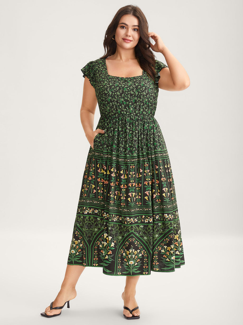 (16pcs Minimum Wholesale)Rayon Garden Fresh Ruffled Sleeve Midi Dress