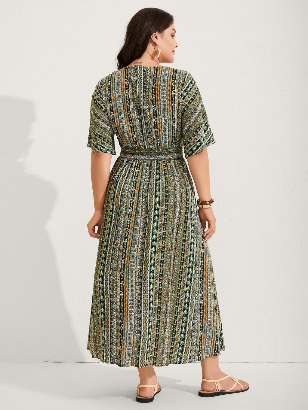 (25pcs Minimum Wholesale)Striped Contrast Dolman Sleeve Shirred Pocket Split Flutter Dress