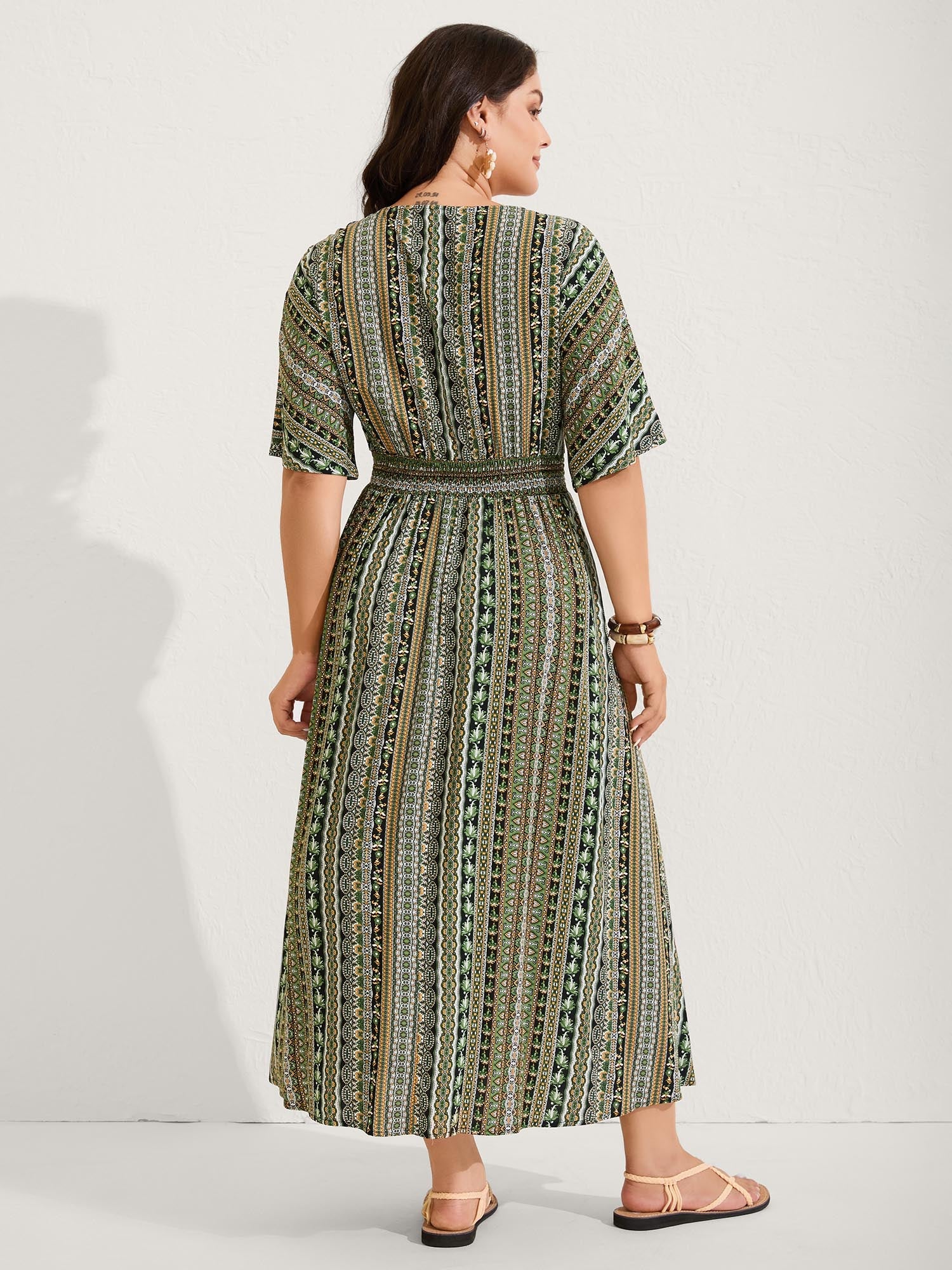 (25pcs Minimum Wholesale)Striped Contrast Dolman Sleeve Shirred Pocket Split Flutter Dress