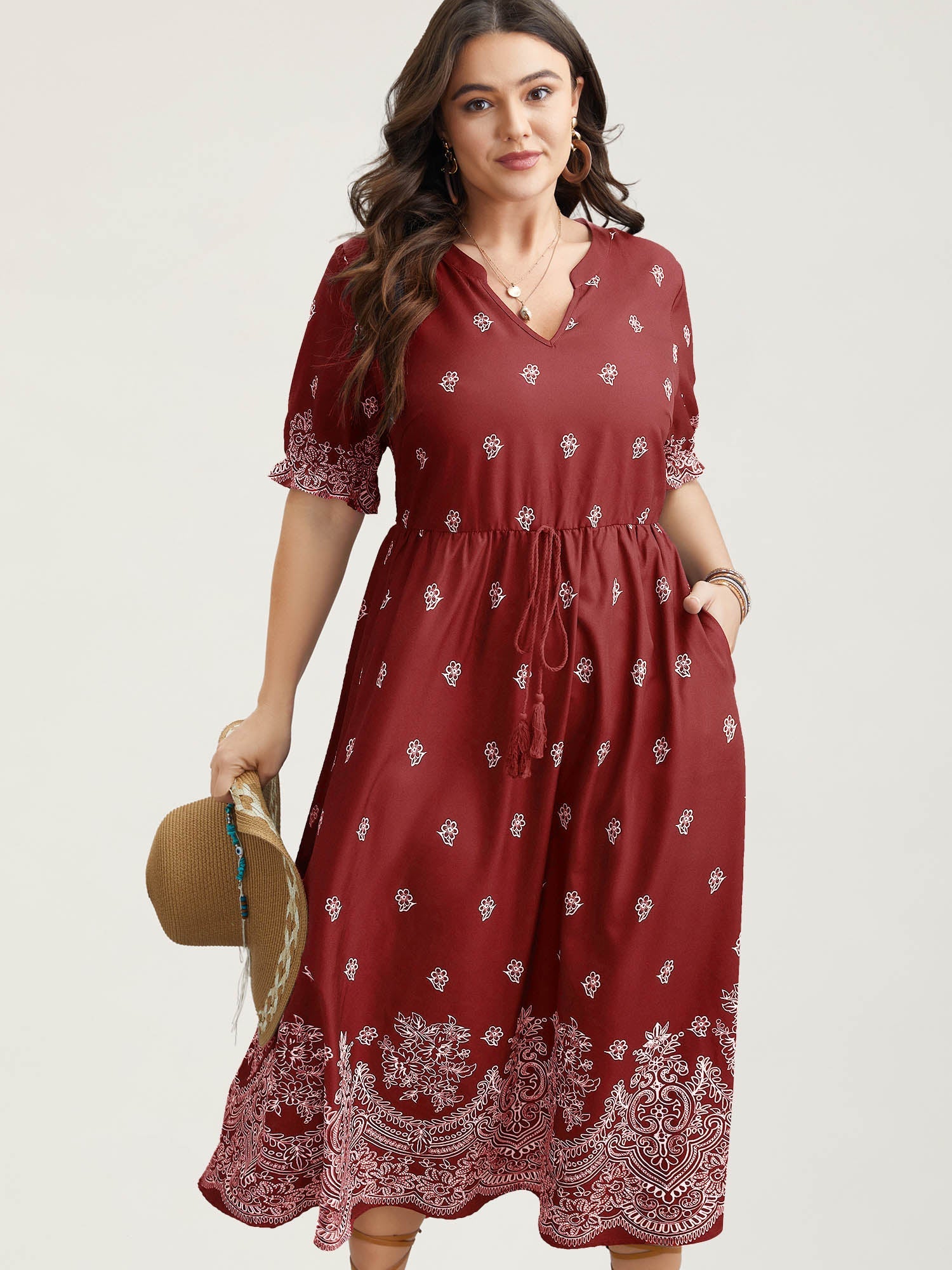 (16pcs Minimum Wholesale)Floral Waist-Tie Notched Collar Midi Dress