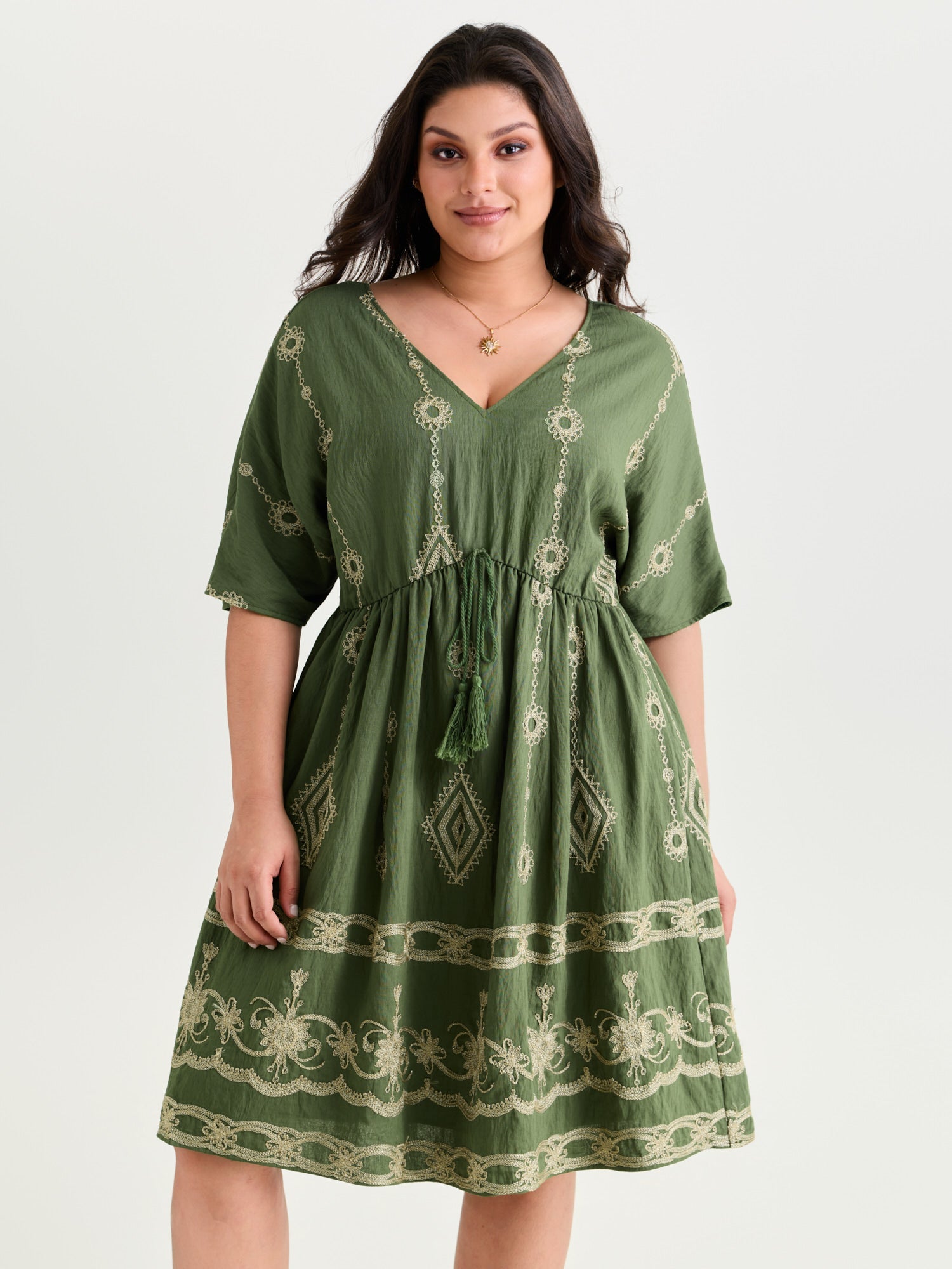 (20pcs Minimum Wholesale)Boho Embroidered Waist Tie Mini Dress