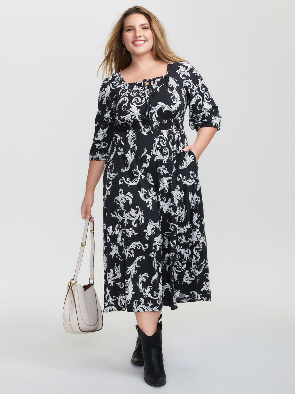 (16pcs Minimum Wholesale)Scroll Pattern Adjustable Drawstring Pockets Midi Dress