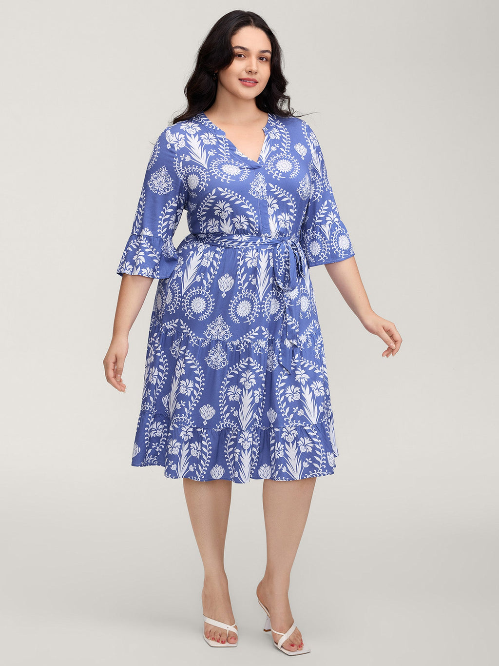 (18pcs Minimum Wholesale)Boho Print Belted Side Pockets Midi Dress