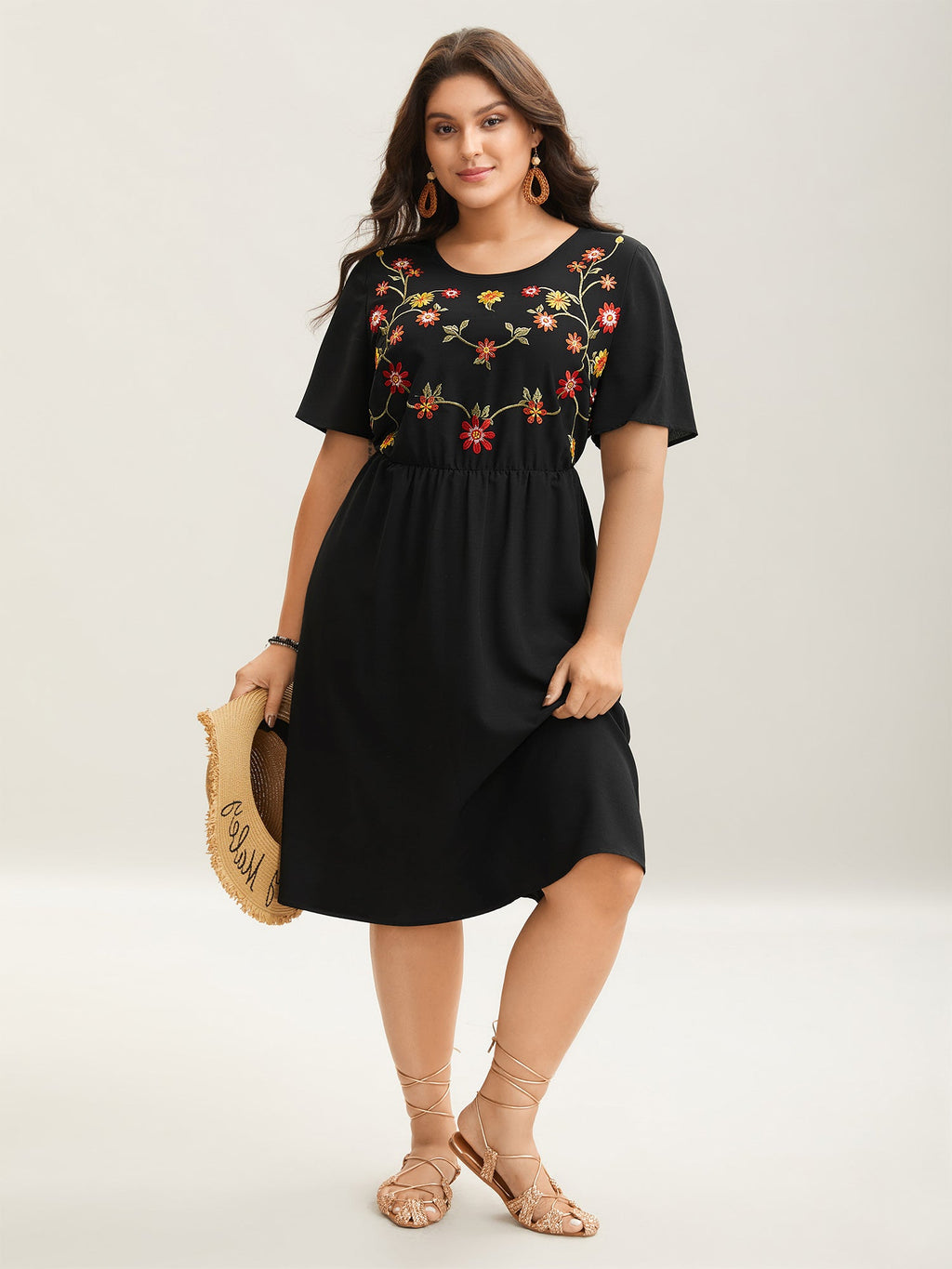 (26pcs Minimum Wholesale)Floral Embroidered Waist-Cinched Midi Dress