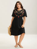 (26pcs Minimum Wholesale)Floral Embroidered Waist-Cinched Midi Dress