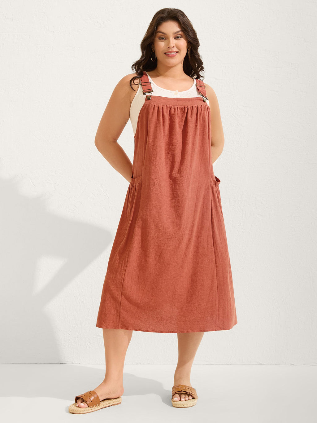 (20pcs Minimum Wholesale)Pure Cotton Pleated Pockets Midi Dress