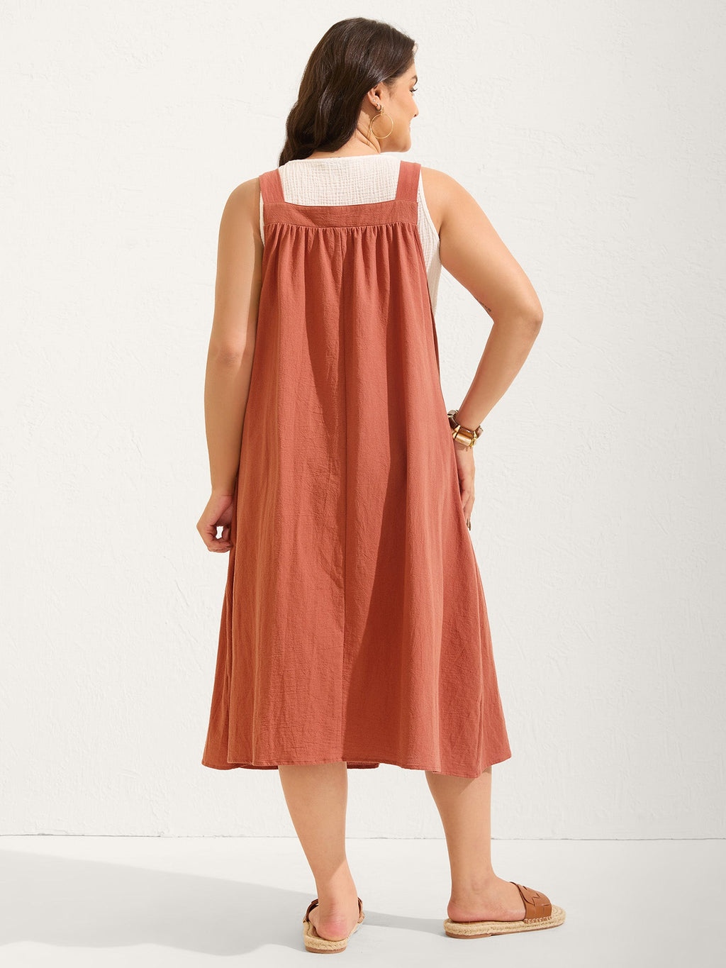 (20pcs Minimum Wholesale)Pure Cotton Pleated Pockets Midi Dress