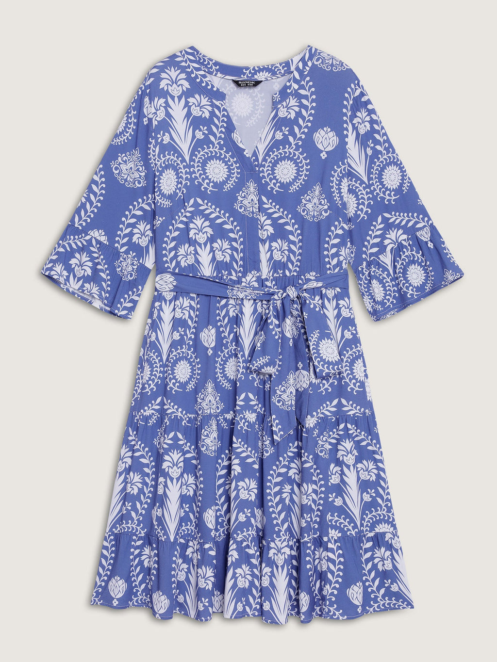 (18pcs Minimum Wholesale)Boho Print Belted Side Pockets Midi Dress