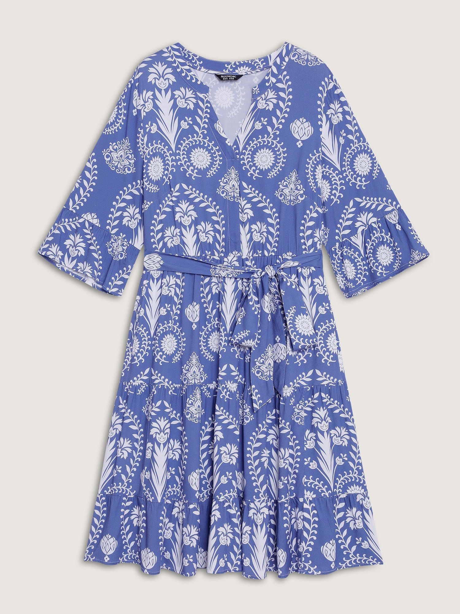 (18pcs Minimum Wholesale)Boho Print Belted Side Pockets Midi Dress