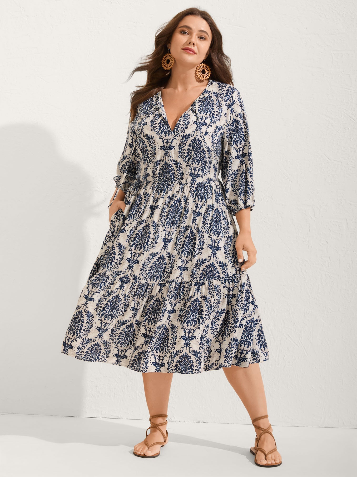 (22pcs Minimum Wholesale)Damask Print Tie Knot Puff Sleeve Dress