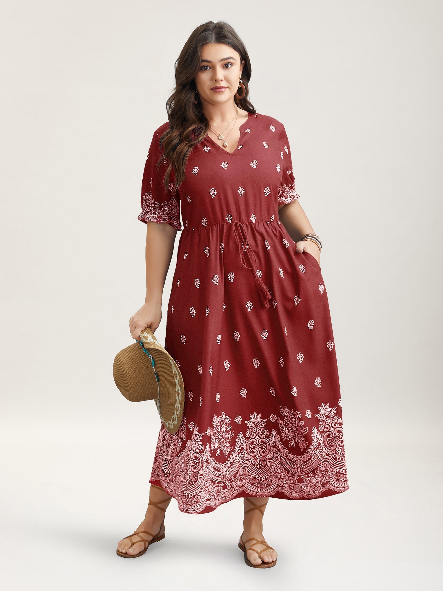 (16pcs Minimum Wholesale)Floral Waist-Tie Notched Collar Midi Dress