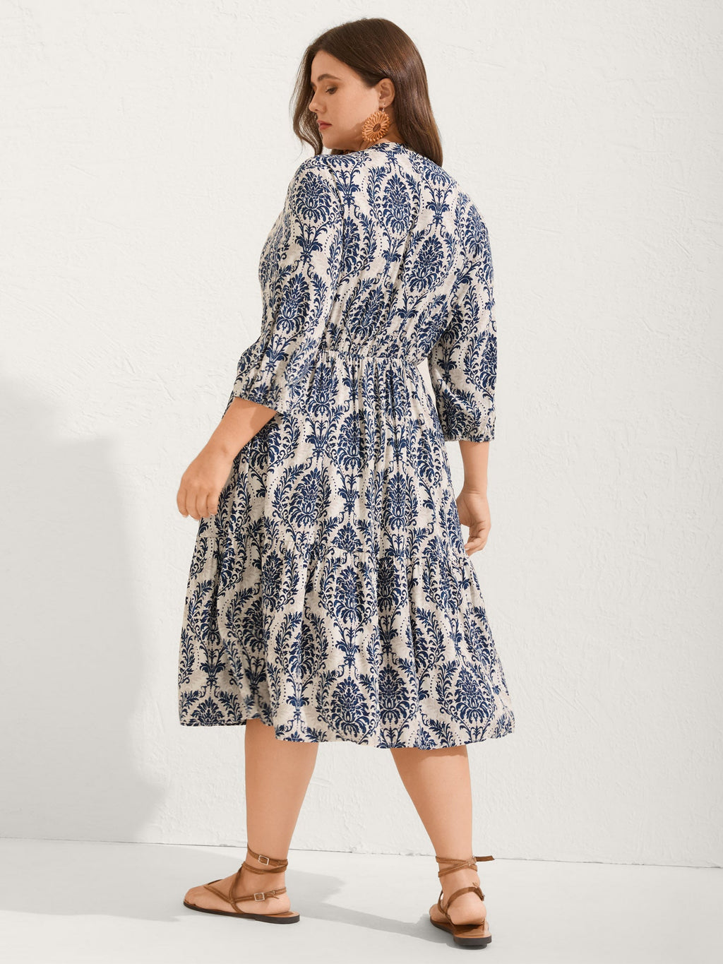 (22pcs Minimum Wholesale)Damask Print Tie Knot Puff Sleeve Dress