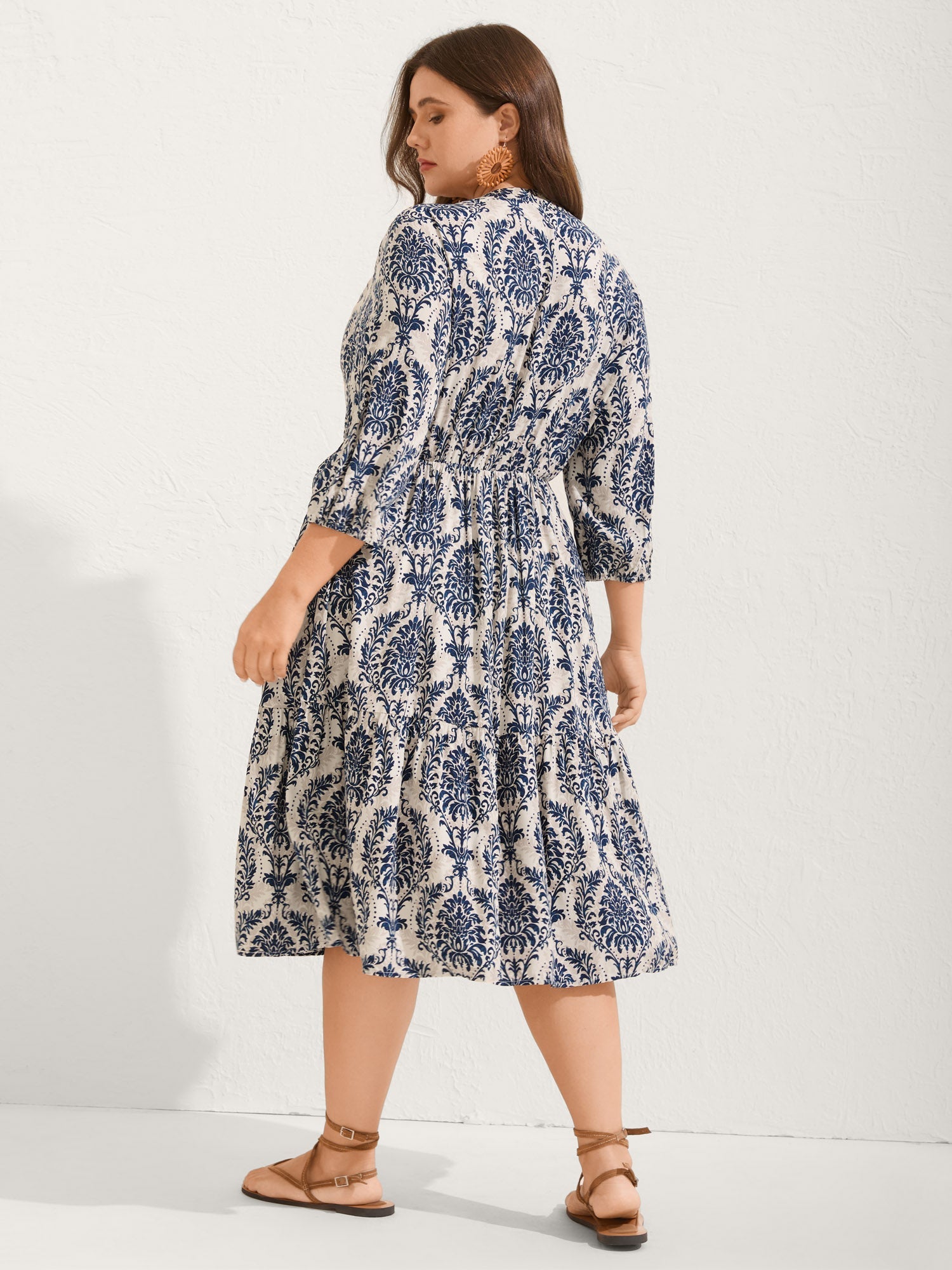 (22pcs Minimum Wholesale)Damask Print Tie Knot Puff Sleeve Dress