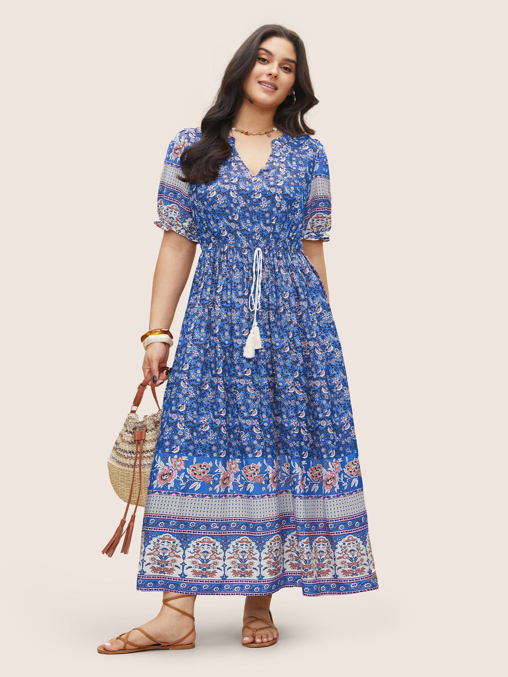 (20pcs Minimum Wholesale)Boho Print Notched Ties Tassel Trim Dress