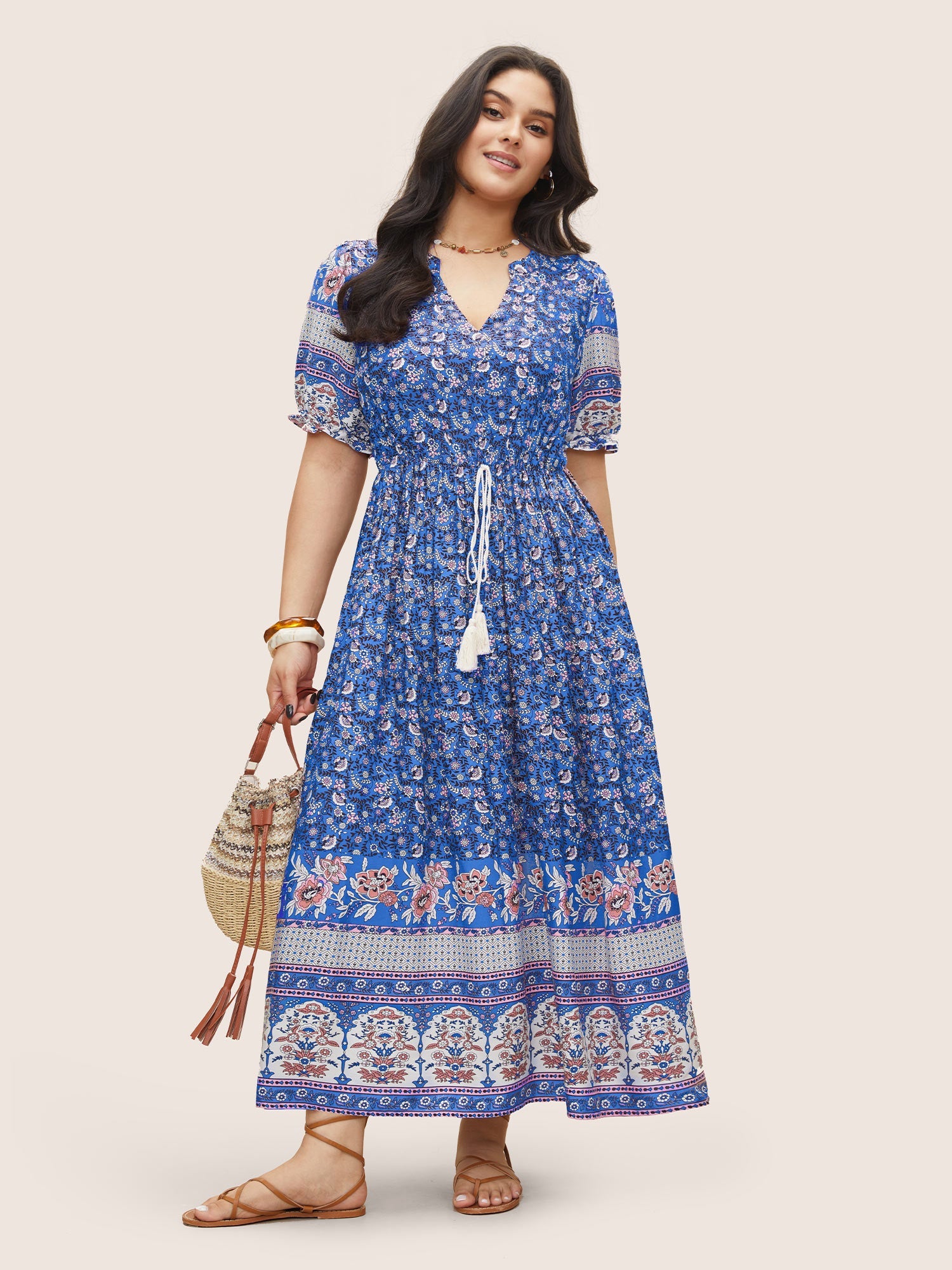 (20pcs Minimum Wholesale)Boho Print Notched Ties Tassel Trim Dress