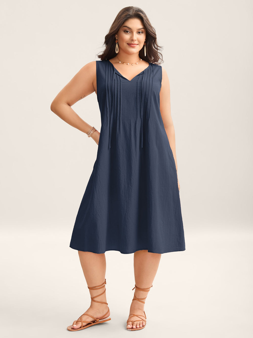 (18pcs Minimum Wholesale)Cotton Toothpick Pleat Plain Midi Dress