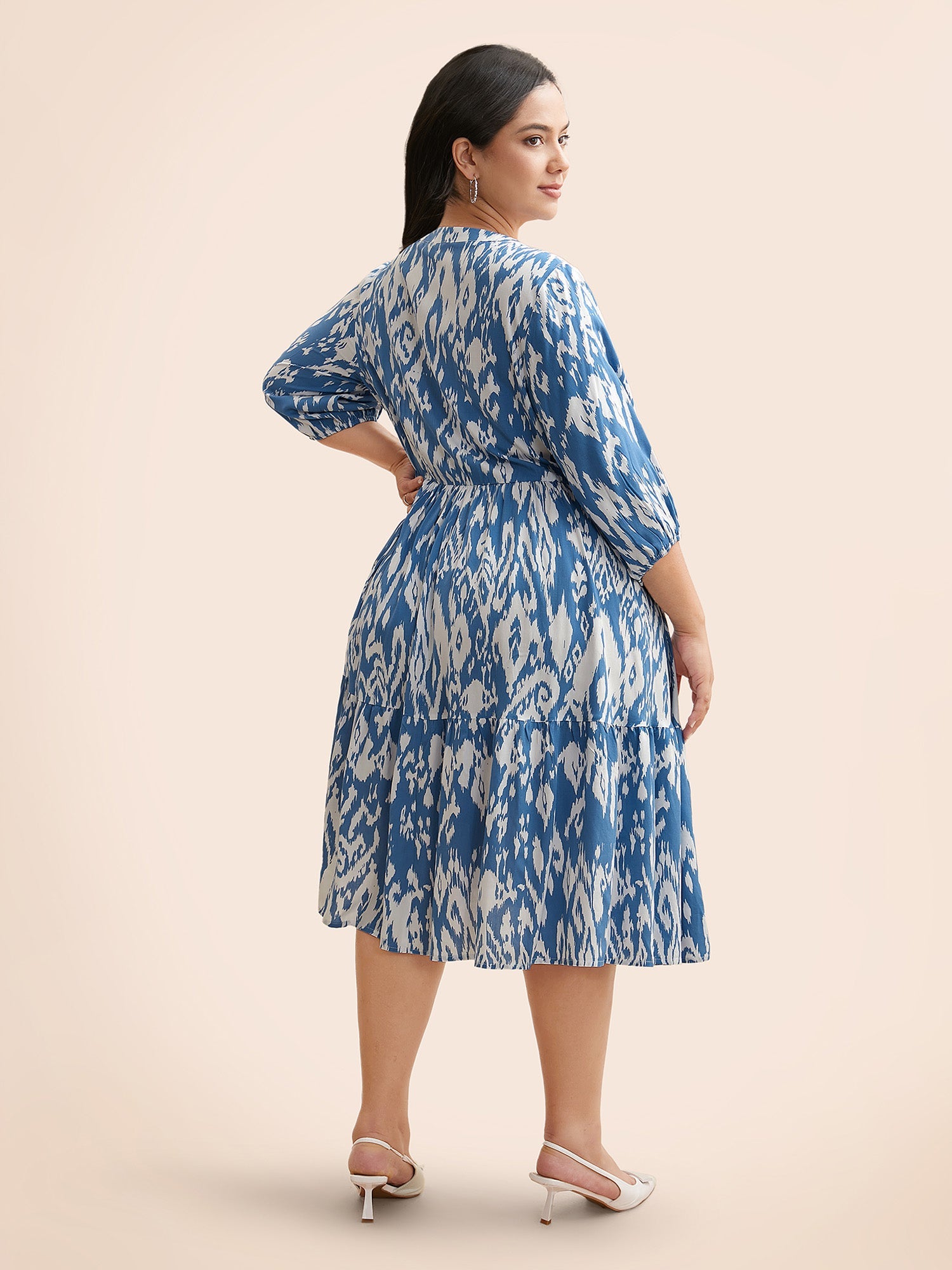 (22pcs Minimum Wholesale)Damask Print Tie Knot Puff Sleeve Dress